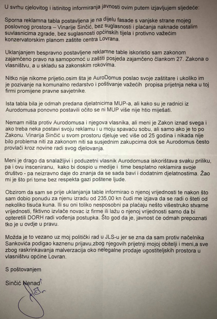 Sincic-izjava